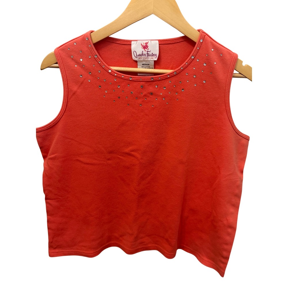 Quacker Factory Womens Coral Orange Rhinestone Embellished Cotton Tank Top Med